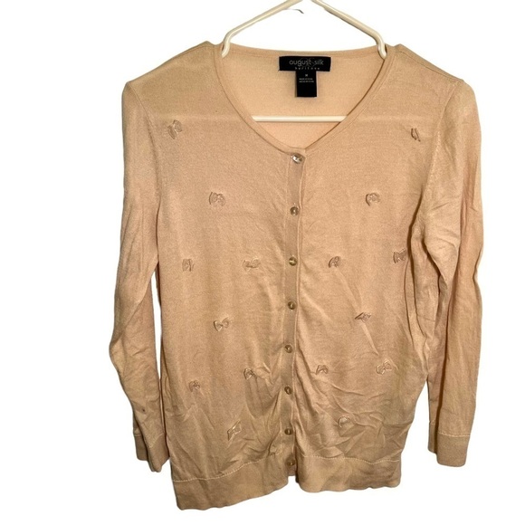 August Silk Heritage Cardigan Sweater Beige Tulle Bows - Picture 1 of 12